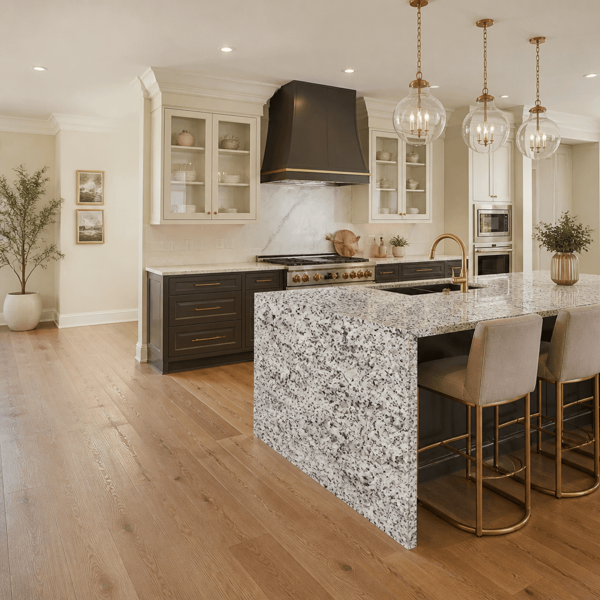 Natural stone countertops in a finished kitchen