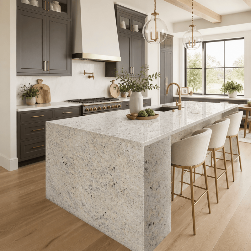 Natural stone countertops in a finished kitchen