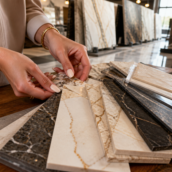 Homeowners choosing a countertop stone slab with guidance from KAT Fabricators