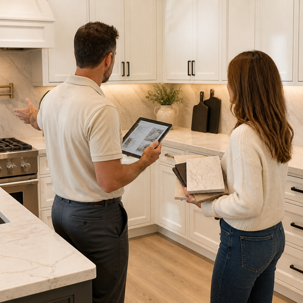 KAT Fabricators consultant reviewing countertop plans during an in-home visit