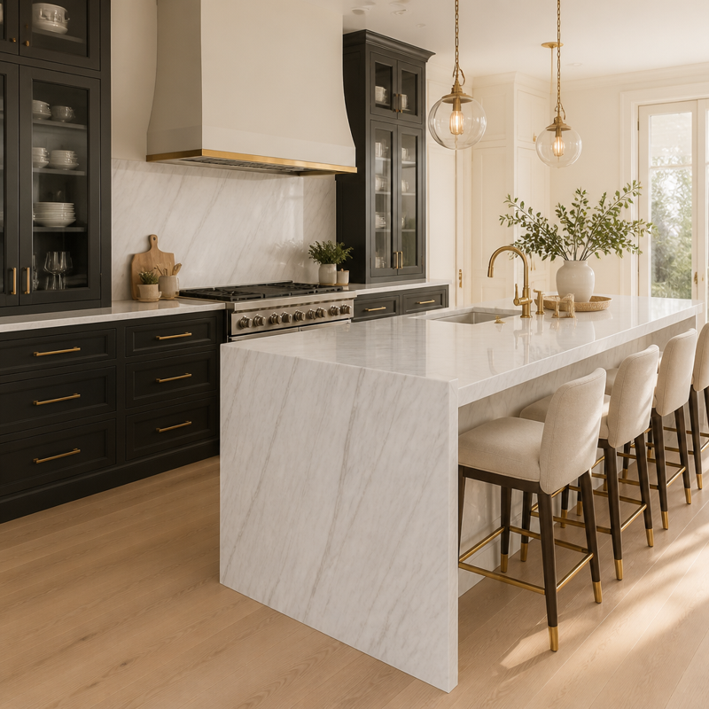 Quartz countertops in a finished kitchen