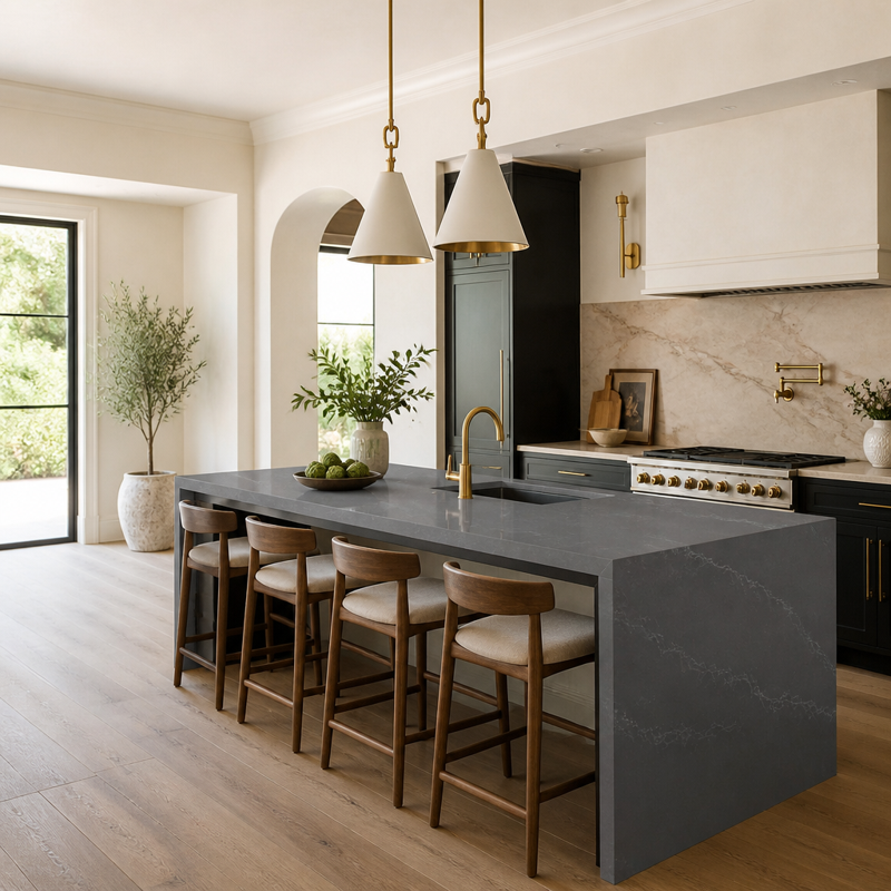 Quartz countertops in a finished kitchen