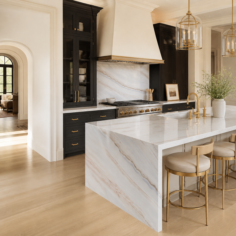 Quartz countertops in a finished kitchen