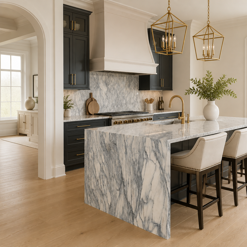 Quartz countertops in a finished kitchen