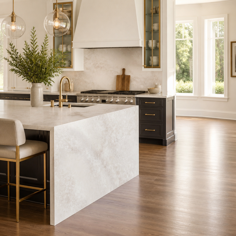 Solid surface countertops in a finished kitchen